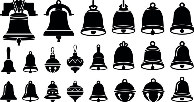 Vintage Christmas jingle bells and classic church bell silhouettes set festive winter holiday ornaments vector icons collection isolated on white background