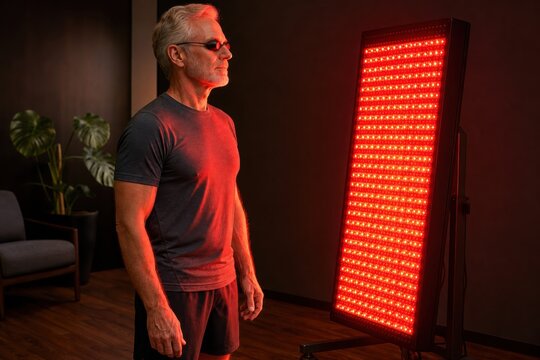 Red light therapy panel session with senior man wearing protective goggles standing in home wellness room during LED photobiomodulation treatment for joint pain relief