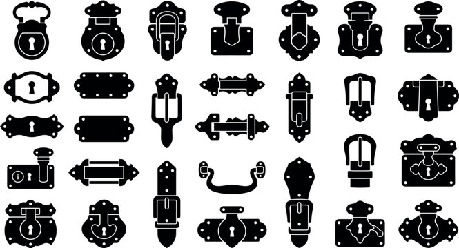 Vintage luggage hardware vector silhouette collection containing antique chest locks padlock keyholes trunk latches suitcase buckles handles icons