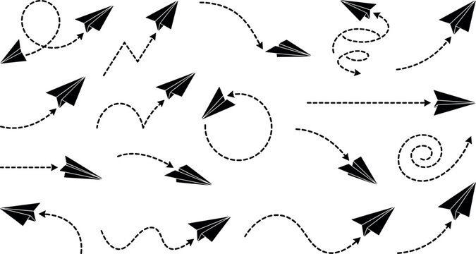 Paper airplane silhouettes with dashed line flight paths set creative startup launch business growth loops and travel route graphic design elements