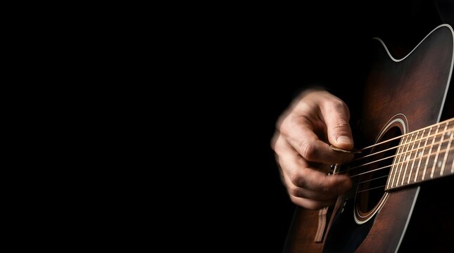 Close-up of a hand playing acoustic guitar strings against black background