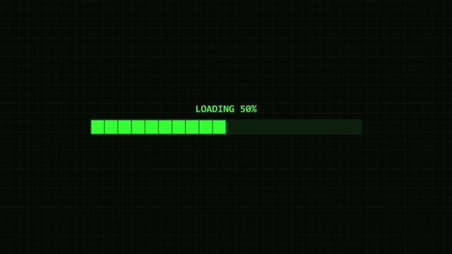 Green loading 8 bit retro progress bar filling on black