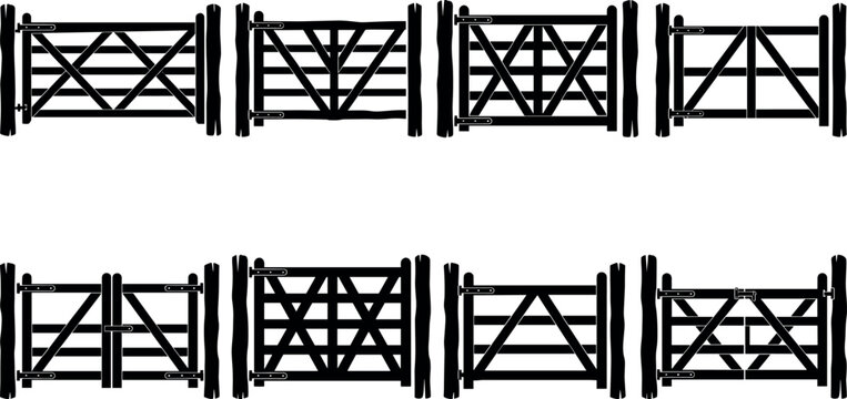 Rustic wooden farm gate silhouettes collection for countryside property fence design elements and ranch graphics isolated on white background