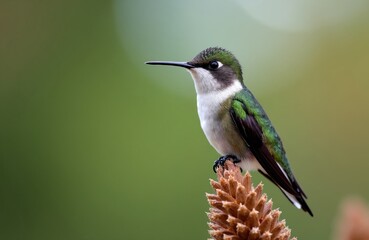 Fototapeta premium Small Anna hummingbird perches on brown pine cone tip. Bird shiny green feathers with white chest, long sharp beak. Tiny wild creature sits outdoors in park forest. Green bokeh background creates