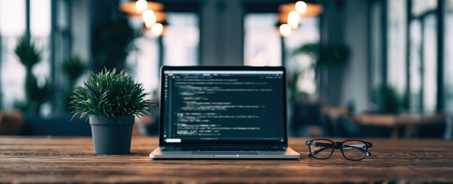 Programming and coding software development on a laptop in a modern office workspace