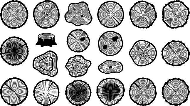 Set of tree rings cross section trunk icons wood texture annual growth rings stump silhouette abstract log isolated vectors