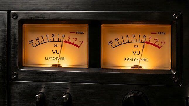 Dual illuminated VU meters on a professional audio mixing console panel