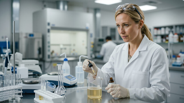 Female scientist working in a laboratory. Professional researcher conducting chemical experiment with beaker and dropper. Science and technology concept