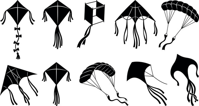 Traditional flying kites and modern paraglider parachute silhouettes icons set for outdoor summer recreation festival beach activities on white background