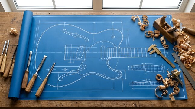 Electric guitar blueprint with woodworking tools on a wooden workbench