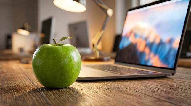 Fresh green apple placed on a wooden office desk next to a laptop