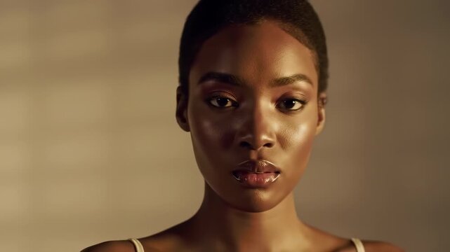 Immersive 4k cinematic portrait of model low angle hero gaze super shallow depth field captured with golden hour studio lighting for luxury fashion advertising or professional