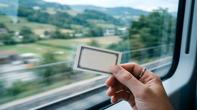 Hand holding a blank vintage ticket inside a moving train by the window