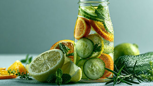 Refreshing Drink Glass bottle of citrus and cucumber infused water with sliced lime, orange and cucumber, fresh mint and rosemary on table