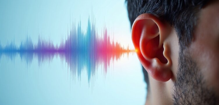Close up profile view of young man ear with digital colorful sound wave graphic. Medical visualization of hearing process, human auditory system. Concept of acoustics clinical diagnosis hearing test