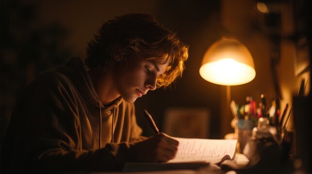 Young person writing at a desk under lamp light