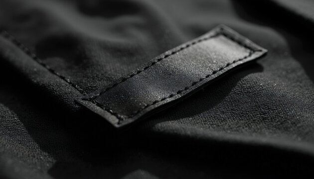 Closeup of blank black fabric clothing label with visible stitching on dark textured textile. Apparel detail shows quality weave and texture.