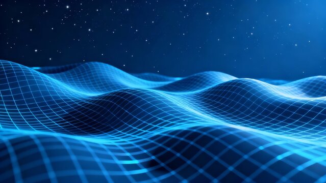 Blue wireframe wave surface under starry night sky digital grid pattern with luminous blue highlights