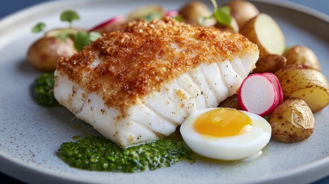 Pan-fried white fish fillet with crispy topping, served with roasted potatoes, radishes, and a soft-boiled egg