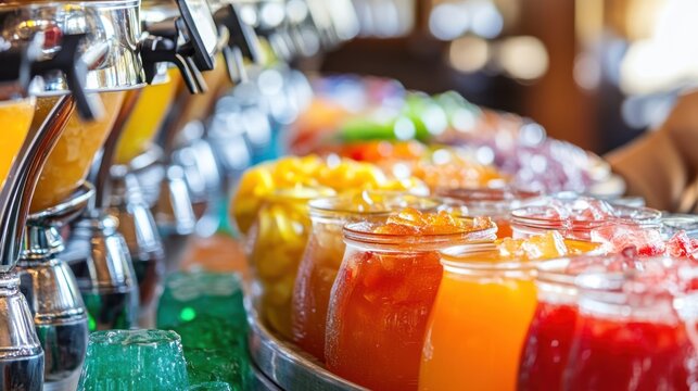 Colorful drinks in clear jars, dispensed from metal dispensers