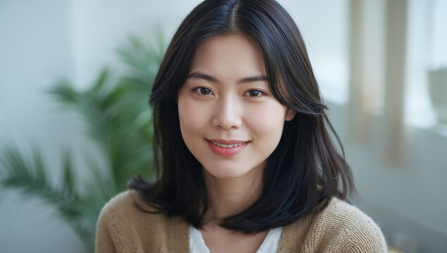 観葉植物のある部屋でやさしい微笑みを見せる日本人女性のポートレート