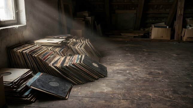 Old vintage vinyl records stacked on an attic floor under sunlight