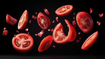 Fototapeta premium Sliced tomatoes in mid-air, vibrant red slices and pieces against a black background