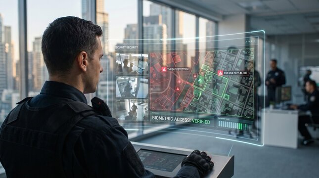 Ultra-realistic public security officer monitoring an AI-powered holographic command interface with CCTV surveillance, emergency management, biometric access, and crime prevention.