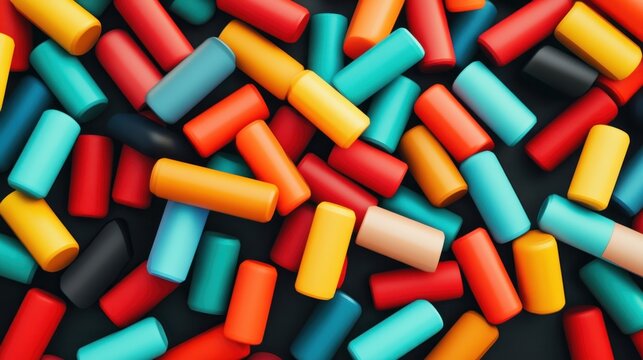 Colorful cylindrical shapes scattered on dark surface