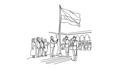 Obraz premium Patriotic Ceremony: Flag Raising Event with Saluting Officers and Civilians