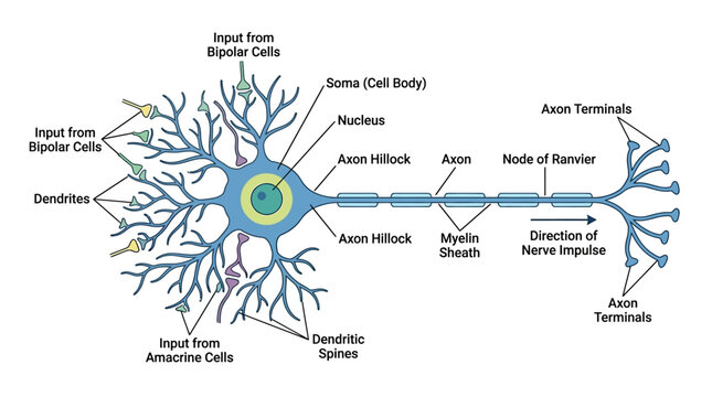 Detailed illustration of a neuron with labeled components including dendrites, cell body, axon hillock, and terminals on a white background.