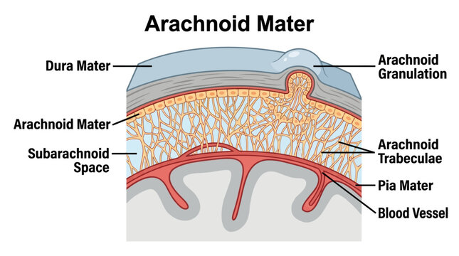 Detailed anatomical illustration of the arachnoid mater layers in the human brain with labeled components and blood vessels.