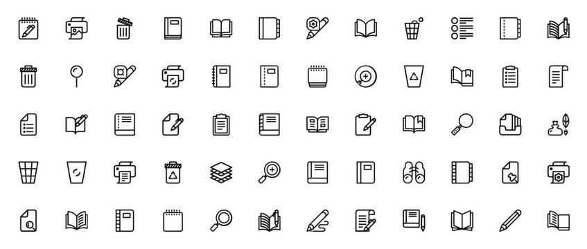 Basic Content icon set. Minimal line icon pack. Office and document icons. Includes note, printer, trash, notebook, open book, pencil, clipboard, agenda, zoom, recycling bin, file, book, binoculars an