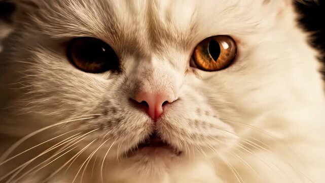 Immersive 4k cinematic macro overhead view of a luxurious cat portrait featuring ultra-detailed fur whisker texture cool blue minimal lighting for high-end pet product advertising