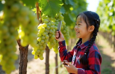 Obraz premium Asian girl with braided hair wears plaid shirt. She holds knife, selects bunch of green grapes on vine. Child smiles happily while working on family vineyard farm.
