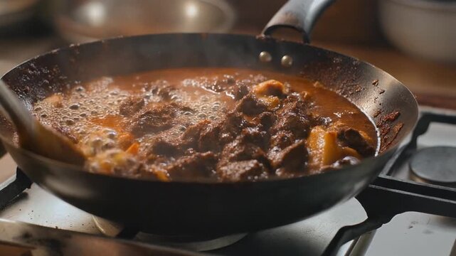 Rendang Beef Curry Bubbling Slow Motion B-Roll