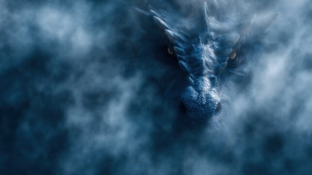 Fantasy dragon head emerging from mist
