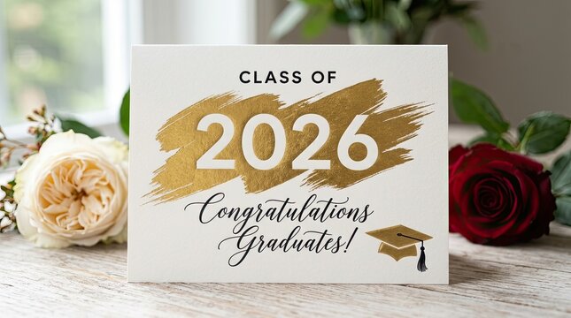 Class of 2026 graduation announcement card with gold brushstroke and floral decor
