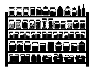 Fototapeta premium Silhouette of Kitchen Pantry Shelves with Various Glass Jars and Containers