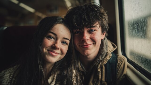 Young couple smiling together on a train