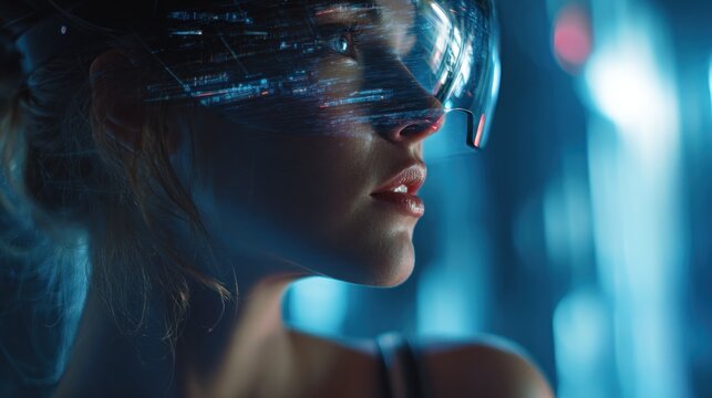 Woman wearing futuristic vr headset futuristic background