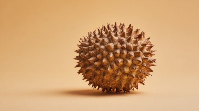 Close up of a durian fruit on a tan background