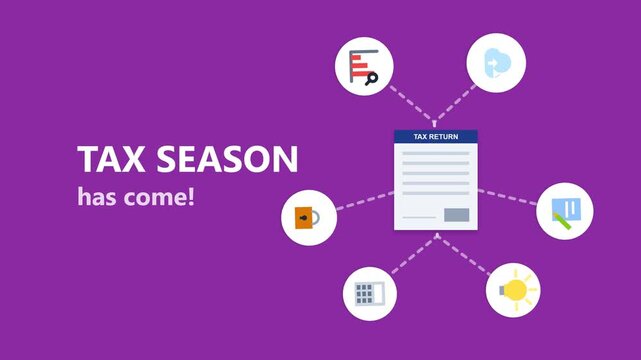 Tax season infographic with document and financial icons on purple background