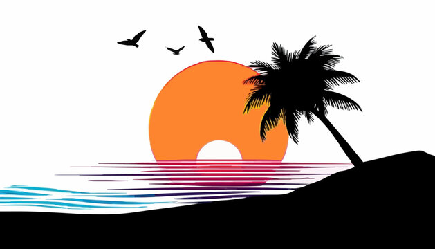 Tropical Beach Sunset Silhouette with Palm Tree and Flying Birds Illustration