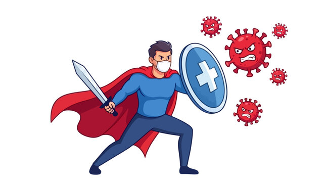 Cartoon superhero wearing a face mask fights COVID-19 virus with sword and shield on white background