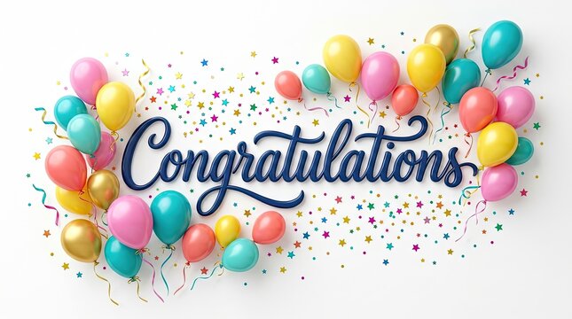 Festive congratulations banner with colorful balloons and confetti celebration design
