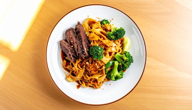Beef Steak Stir-Fry with Wide Rice Noodles and Broccoli on a White Plate