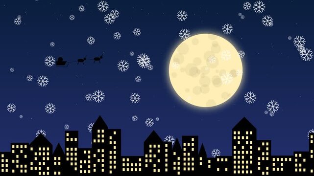 Santa claus flying in sleigh over city skyline at night with full moon and snow