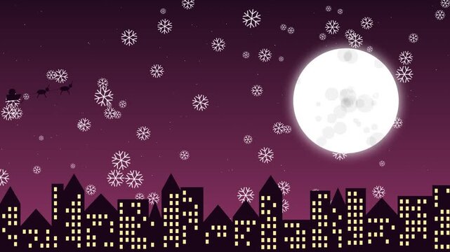Santa sleigh flying over city skyline with full moon and falling snow animation