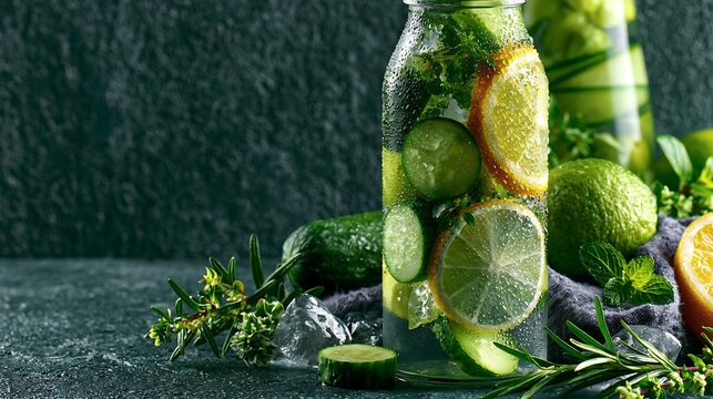 Refreshing Drink Glass bottle with cucumber, lemon and lime slices, condensation, ice and mint on dark textured background